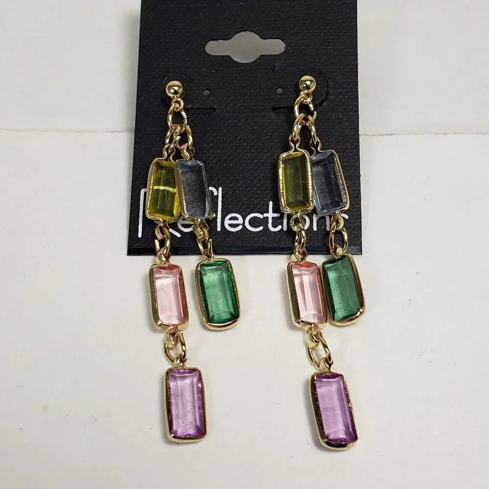 Gold tone Chain Drop Earrings Multicolor Crystal Dangles Stylish Women's Jewelry